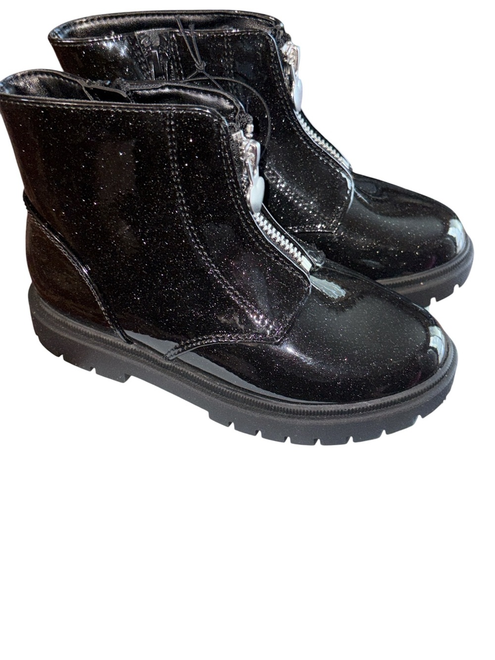 Cat & Jack Black Glitter Patent Front-Zip Ankle Boots